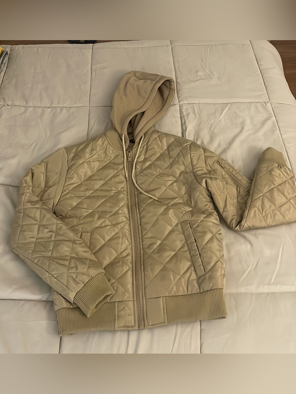 G by Guess Quilted Hooded Bomber Jacket in Beige
